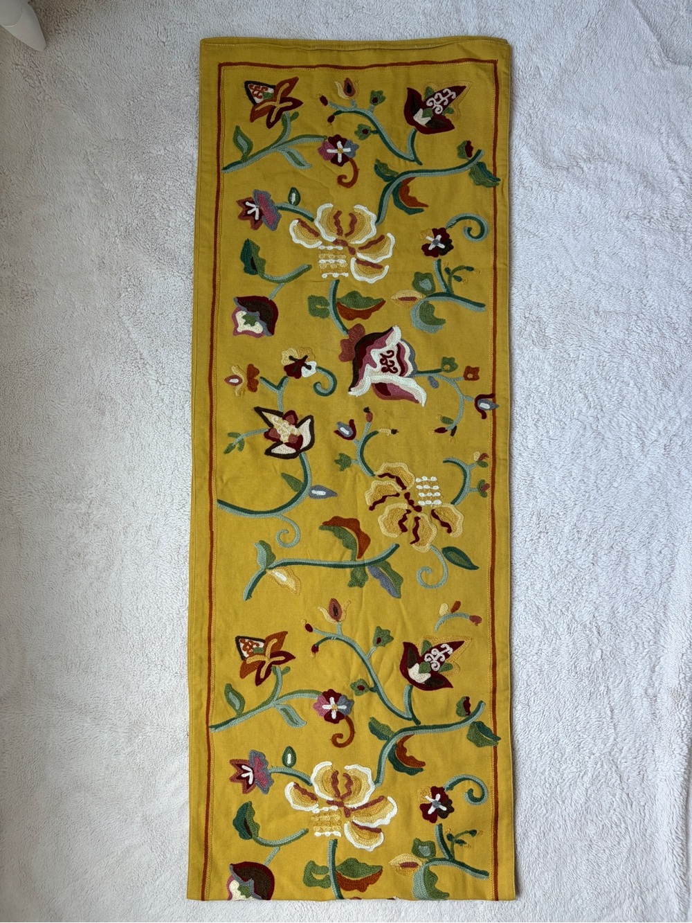 Vintage Williams Sonoma Mustard Yellow Floral Embroidered Table Runner